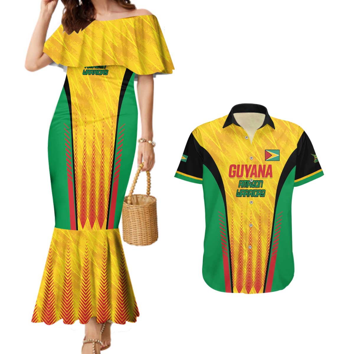 Custom Amazon Warriors Guyana Cricket Couples Matching Mermaid Dress and Hawaiian Shirt Ready For Glory Yellow Version - Wonder Print Shop