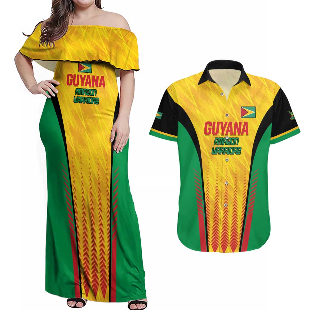 Custom Amazon Warriors Guyana Cricket Couples Matching Off Shoulder Maxi Dress and Hawaiian Shirt Ready For Glory Yellow Version - Wonder Print Shop