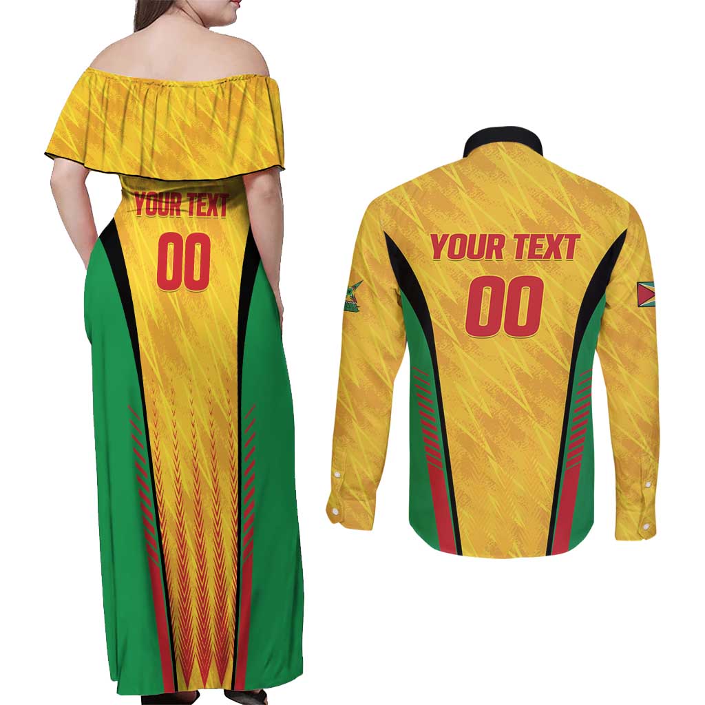 Custom Amazon Warriors Guyana Cricket Couples Matching Off Shoulder Maxi Dress and Long Sleeve Button Shirt Ready For Glory Yellow Version - Wonder Print Shop