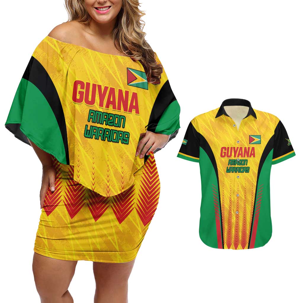 Custom Amazon Warriors Guyana Cricket Couples Matching Off Shoulder Short Dress and Hawaiian Shirt Ready For Glory Yellow Version - Wonder Print Shop