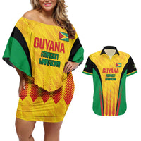 Custom Amazon Warriors Guyana Cricket Couples Matching Off Shoulder Short Dress and Hawaiian Shirt Ready For Glory Yellow Version - Wonder Print Shop