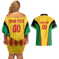 Custom Amazon Warriors Guyana Cricket Couples Matching Off Shoulder Short Dress and Hawaiian Shirt Ready For Glory Yellow Version - Wonder Print Shop