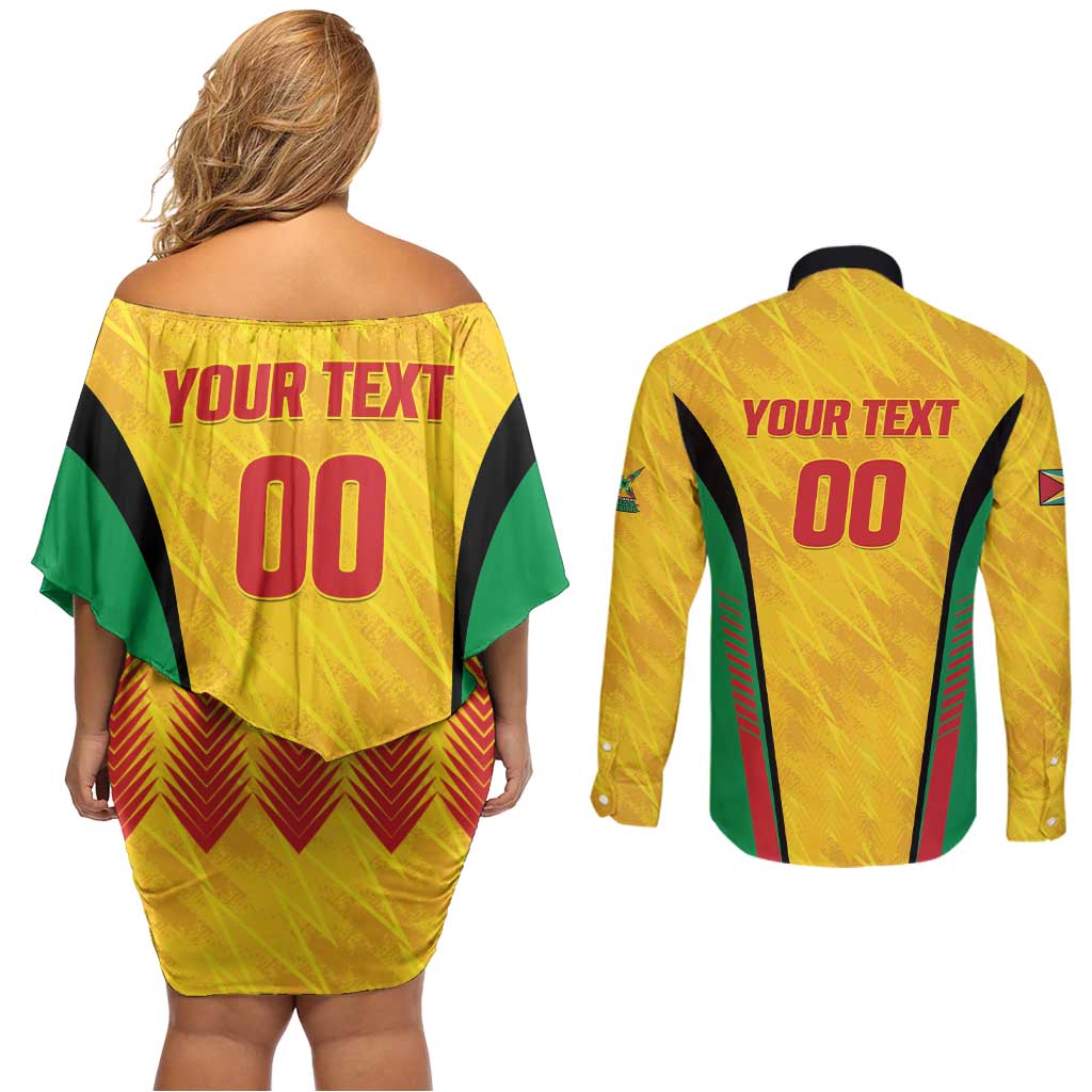 Custom Amazon Warriors Guyana Cricket Couples Matching Off Shoulder Short Dress and Long Sleeve Button Shirt Ready For Glory Yellow Version - Wonder Print Shop