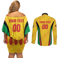 Custom Amazon Warriors Guyana Cricket Couples Matching Off Shoulder Short Dress and Long Sleeve Button Shirt Ready For Glory Yellow Version - Wonder Print Shop