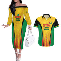 Custom Amazon Warriors Guyana Cricket Couples Matching Off The Shoulder Long Sleeve Dress and Hawaiian Shirt Ready For Glory Yellow Version - Wonder Print Shop