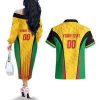 Custom Amazon Warriors Guyana Cricket Couples Matching Off The Shoulder Long Sleeve Dress and Hawaiian Shirt Ready For Glory Yellow Version - Wonder Print Shop