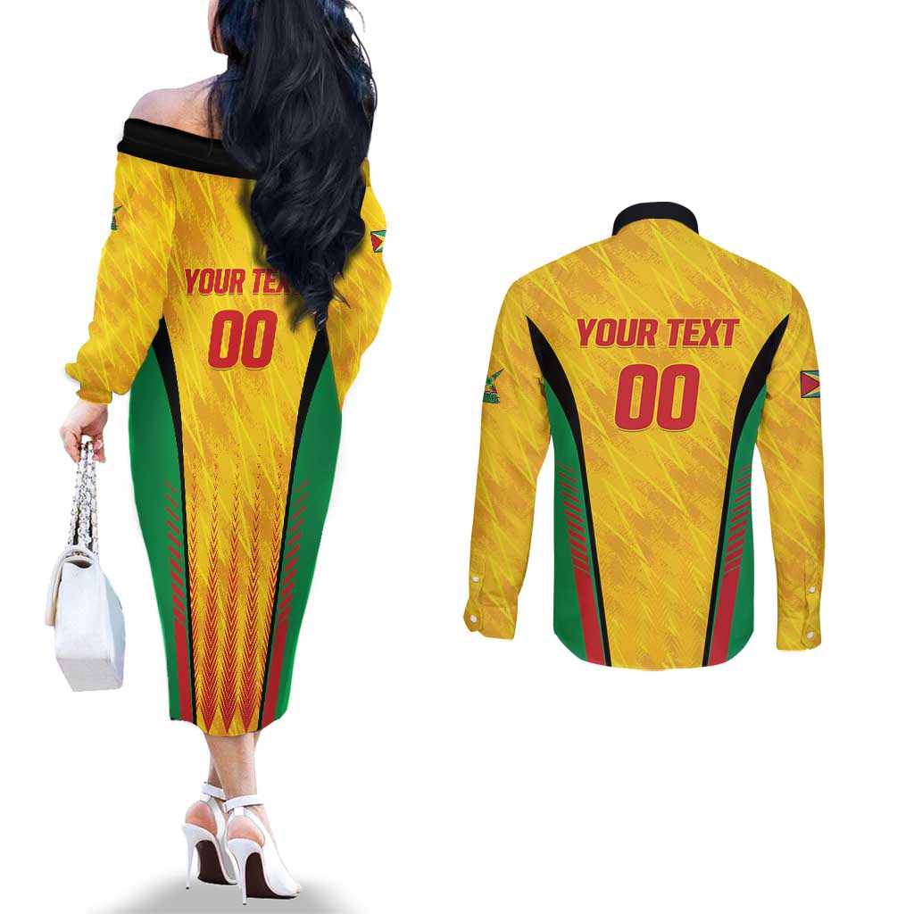 Custom Amazon Warriors Guyana Cricket Couples Matching Off The Shoulder Long Sleeve Dress and Long Sleeve Button Shirt Ready For Glory Yellow Version - Wonder Print Shop