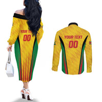 Custom Amazon Warriors Guyana Cricket Couples Matching Off The Shoulder Long Sleeve Dress and Long Sleeve Button Shirt Ready For Glory Yellow Version - Wonder Print Shop