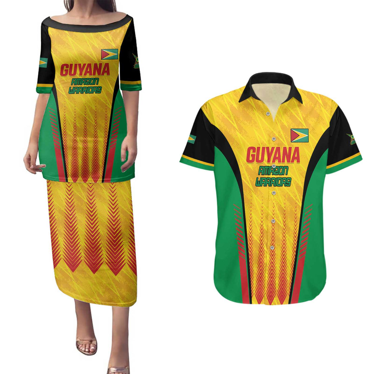 Custom Amazon Warriors Guyana Cricket Couples Matching Puletasi and Hawaiian Shirt Ready For Glory Yellow Version - Wonder Print Shop