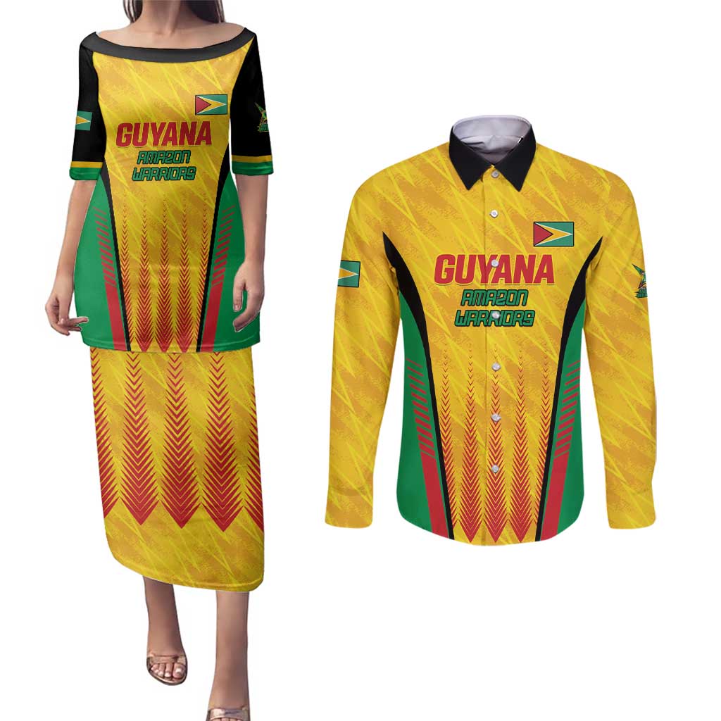 Custom Amazon Warriors Guyana Cricket Couples Matching Puletasi and Long Sleeve Button Shirt Ready For Glory Yellow Version - Wonder Print Shop
