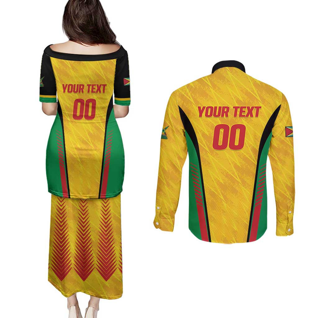 Custom Amazon Warriors Guyana Cricket Couples Matching Puletasi and Long Sleeve Button Shirt Ready For Glory Yellow Version - Wonder Print Shop