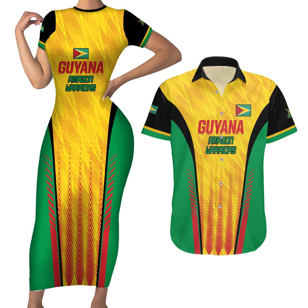 Custom Amazon Warriors Guyana Cricket Couples Matching Short Sleeve Bodycon Dress and Hawaiian Shirt Ready For Glory Yellow Version - Wonder Print Shop