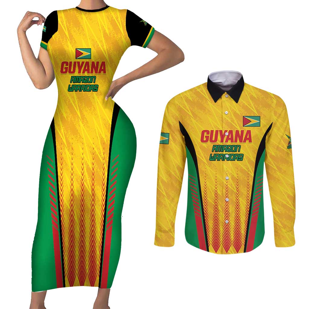 Custom Amazon Warriors Guyana Cricket Couples Matching Short Sleeve Bodycon Dress and Long Sleeve Button Shirt Ready For Glory Yellow Version - Wonder Print Shop