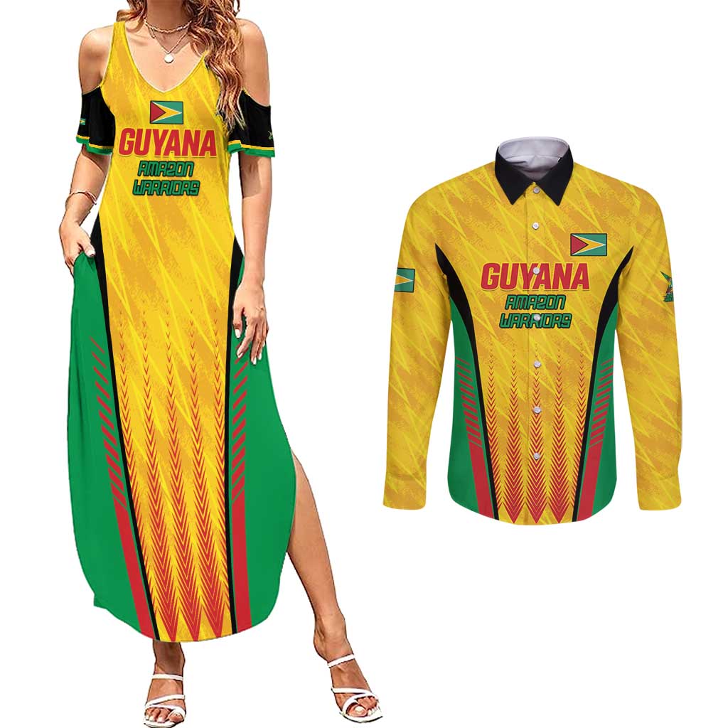 Custom Amazon Warriors Guyana Cricket Couples Matching Summer Maxi Dress and Long Sleeve Button Shirt Ready For Glory Yellow Version - Wonder Print Shop