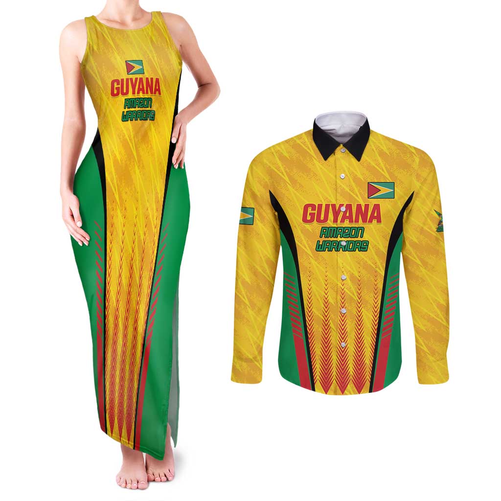 Custom Amazon Warriors Guyana Cricket Couples Matching Tank Maxi Dress and Long Sleeve Button Shirt Ready For Glory Yellow Version - Wonder Print Shop
