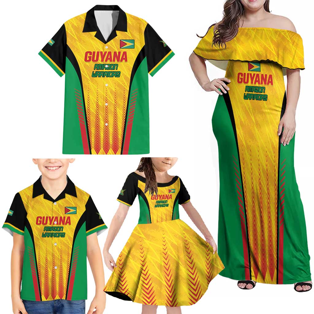 Custom Amazon Warriors Guyana Cricket Family Matching Off Shoulder Maxi Dress and Hawaiian Shirt Ready For Glory Yellow Version - Wonder Print Shop