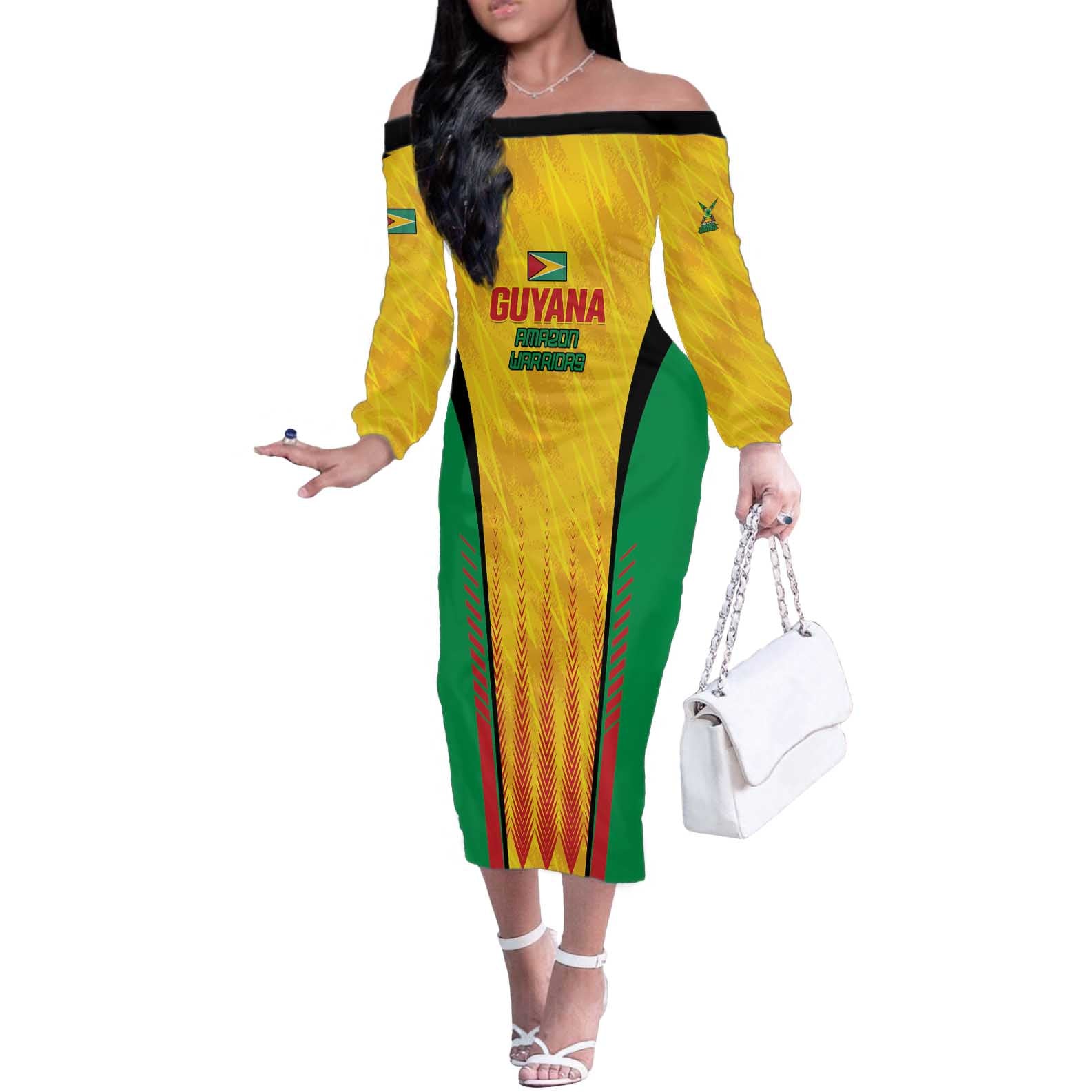 Custom Amazon Warriors Guyana Cricket Off The Shoulder Long Sleeve Dress Ready For Glory Yellow Version - Wonder Print Shop
