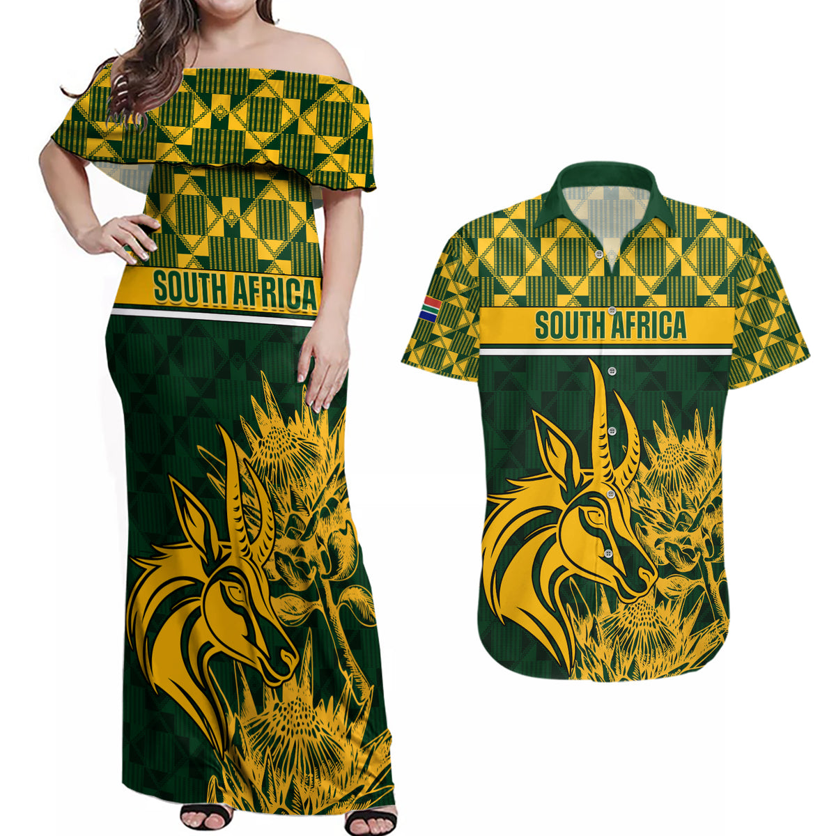 South Africa Rugby Couples Matching Off Shoulder Maxi Dress and Hawaiian Shirt Go Springboks African Pattern - Wonder Print Shop