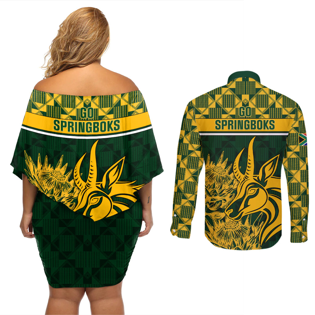 South Africa Rugby Couples Matching Off Shoulder Short Dress and Long Sleeve Button Shirts Go Springboks African Pattern - Wonder Print Shop