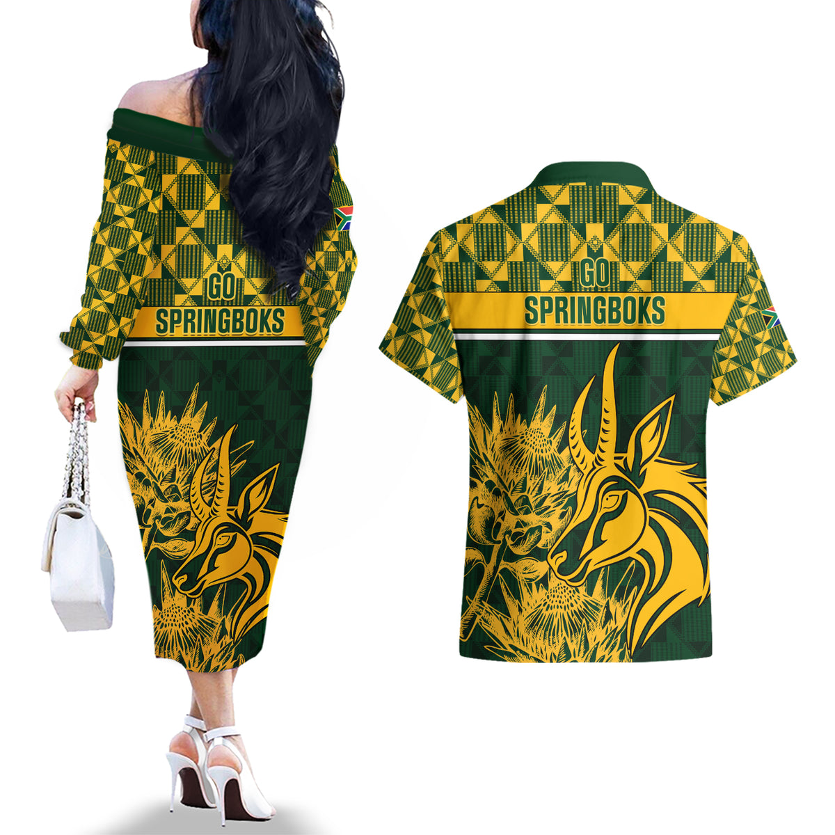 South Africa Rugby Couples Matching Off The Shoulder Long Sleeve Dress and Hawaiian Shirt Go Springboks African Pattern - Wonder Print Shop