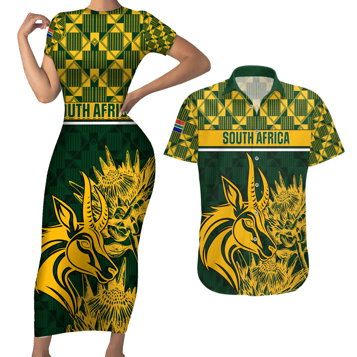 South Africa Rugby Couples Matching Short Sleeve Bodycon Dress and Hawaiian Shirt Go Springboks African Pattern - Wonder Print Shop