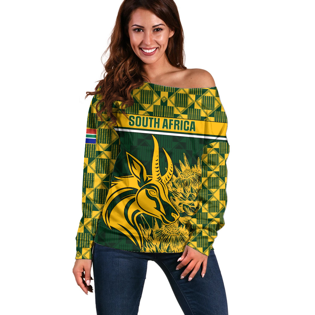 South Africa Rugby Off Shoulder Sweater Go Springboks African Pattern - Wonder Print Shop