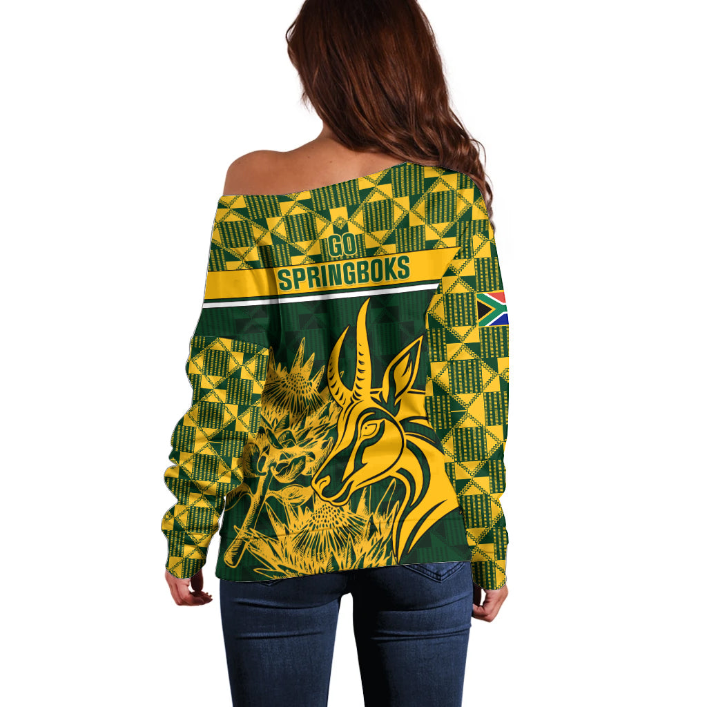 South Africa Rugby Off Shoulder Sweater Go Springboks African Pattern - Wonder Print Shop