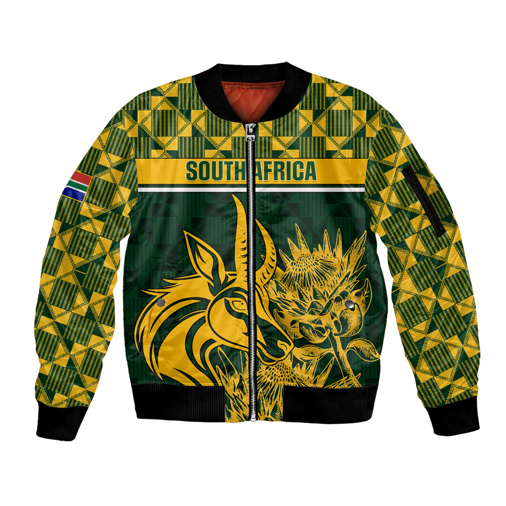 South Africa Rugby Sleeve Zip Bomber Jacket Go Springboks African Pattern - Wonder Print Shop