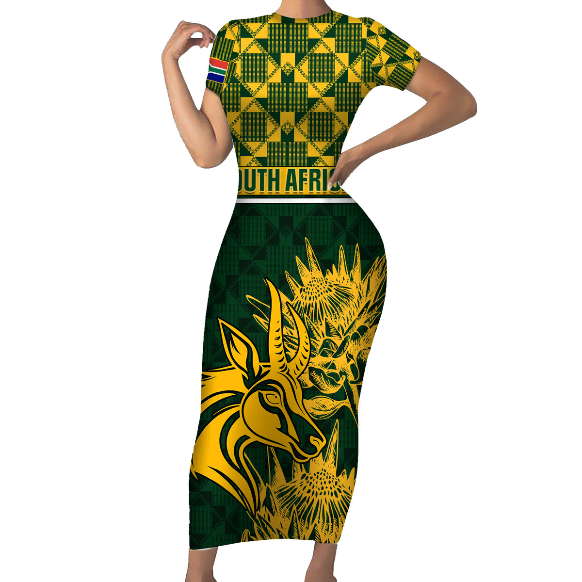 Custom South Africa Rugby Short Sleeve Bodycon Dress Go Springboks African Pattern - Wonder Print Shop