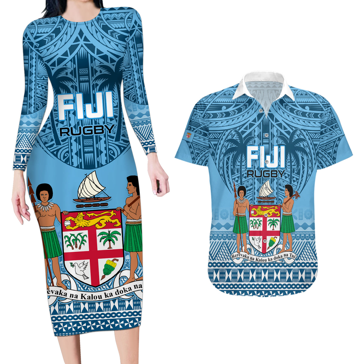 Fiji Rugby Couples Matching Long Sleeve Bodycon Dress and Hawaiian Shirt Fijian Go 2023 World Cup - Wonder Print Shop