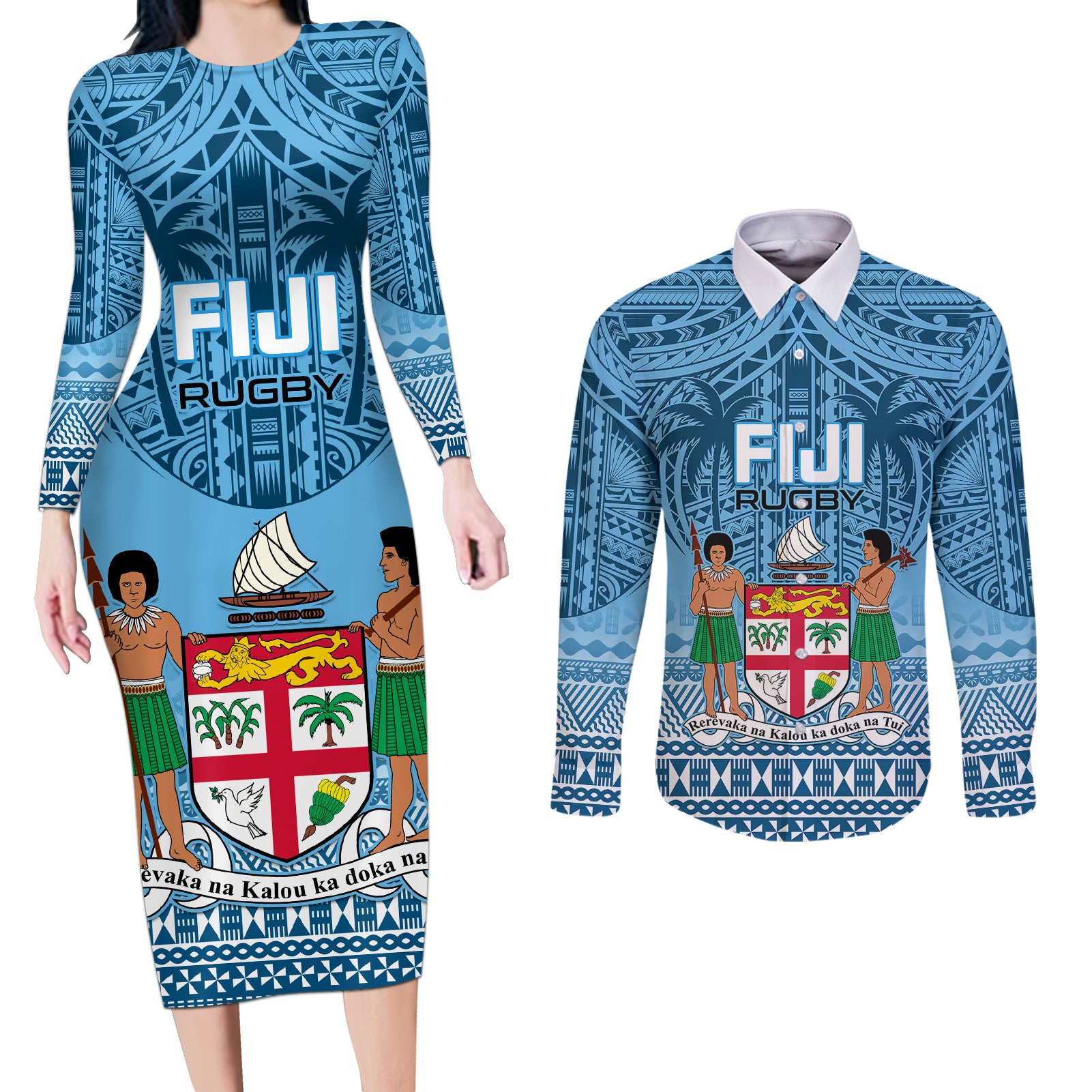 Fiji Rugby Couples Matching Long Sleeve Bodycon Dress and Long Sleeve Button Shirts Fijian Go 2023 World Cup - Wonder Print Shop