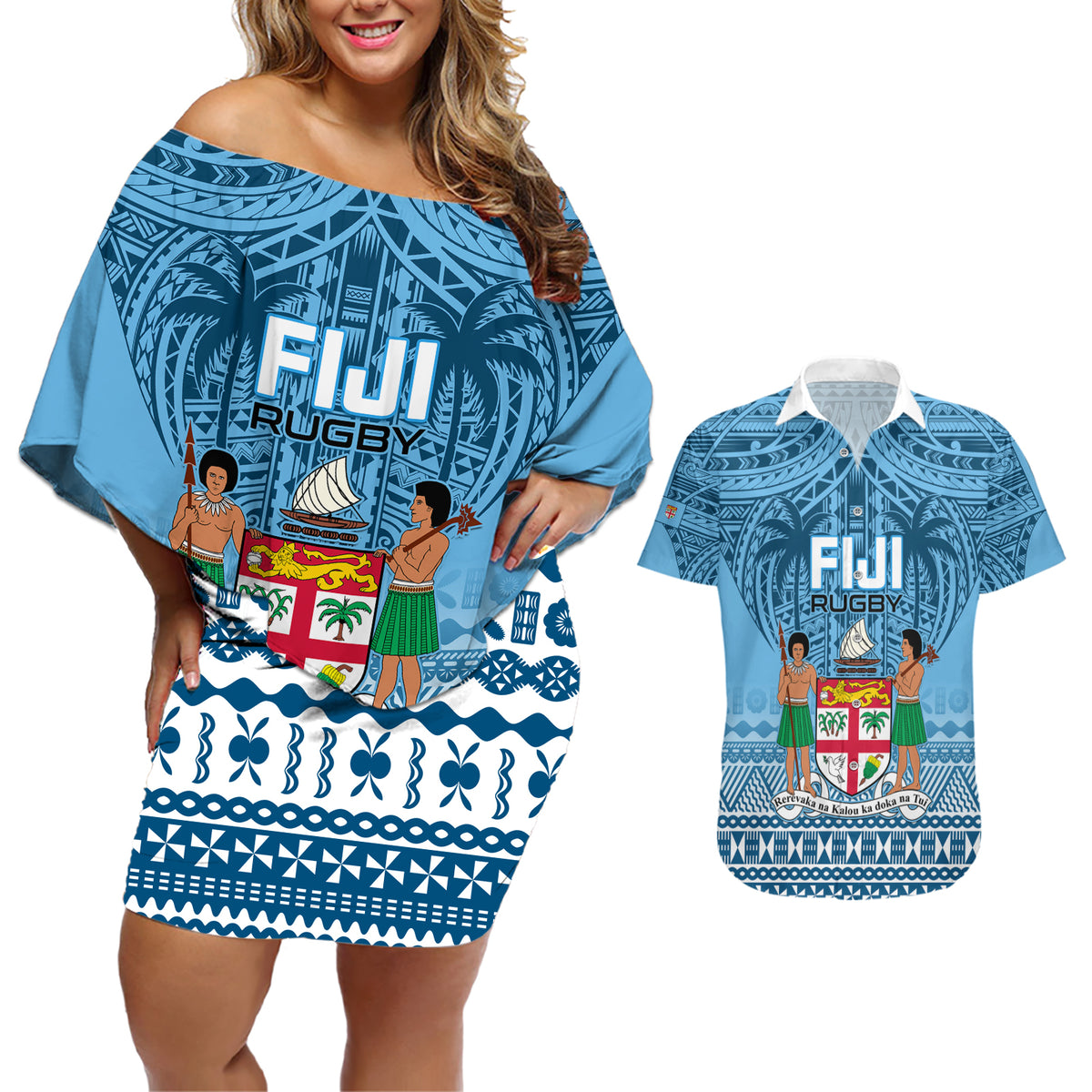 Fiji Rugby Couples Matching Off Shoulder Short Dress and Hawaiian Shirt Fijian Go 2023 World Cup - Wonder Print Shop