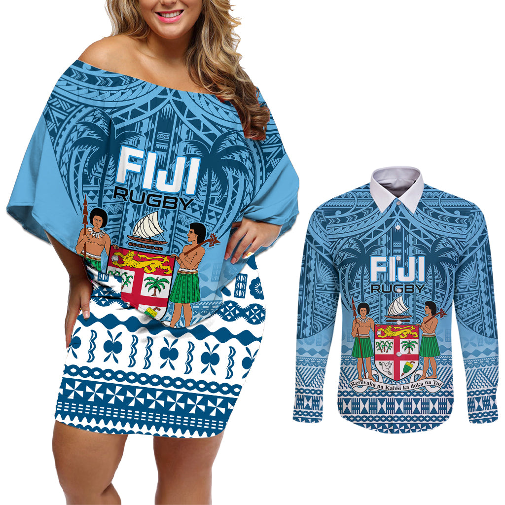 Fiji Rugby Couples Matching Off Shoulder Short Dress and Long Sleeve Button Shirts Fijian Go 2023 World Cup - Wonder Print Shop