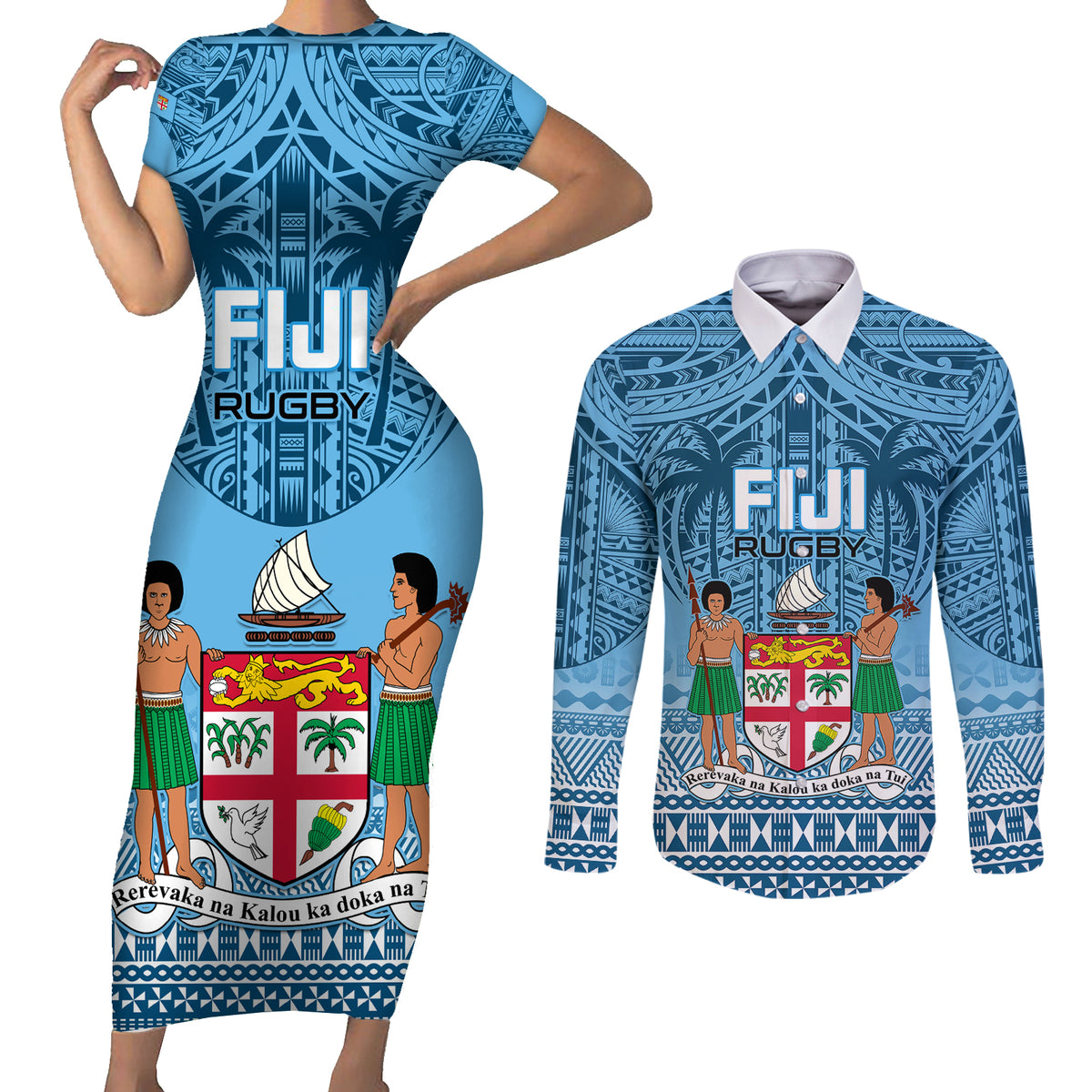 Fiji Rugby Couples Matching Short Sleeve Bodycon Dress and Long Sleeve Button Shirts Fijian Go 2023 World Cup - Wonder Print Shop