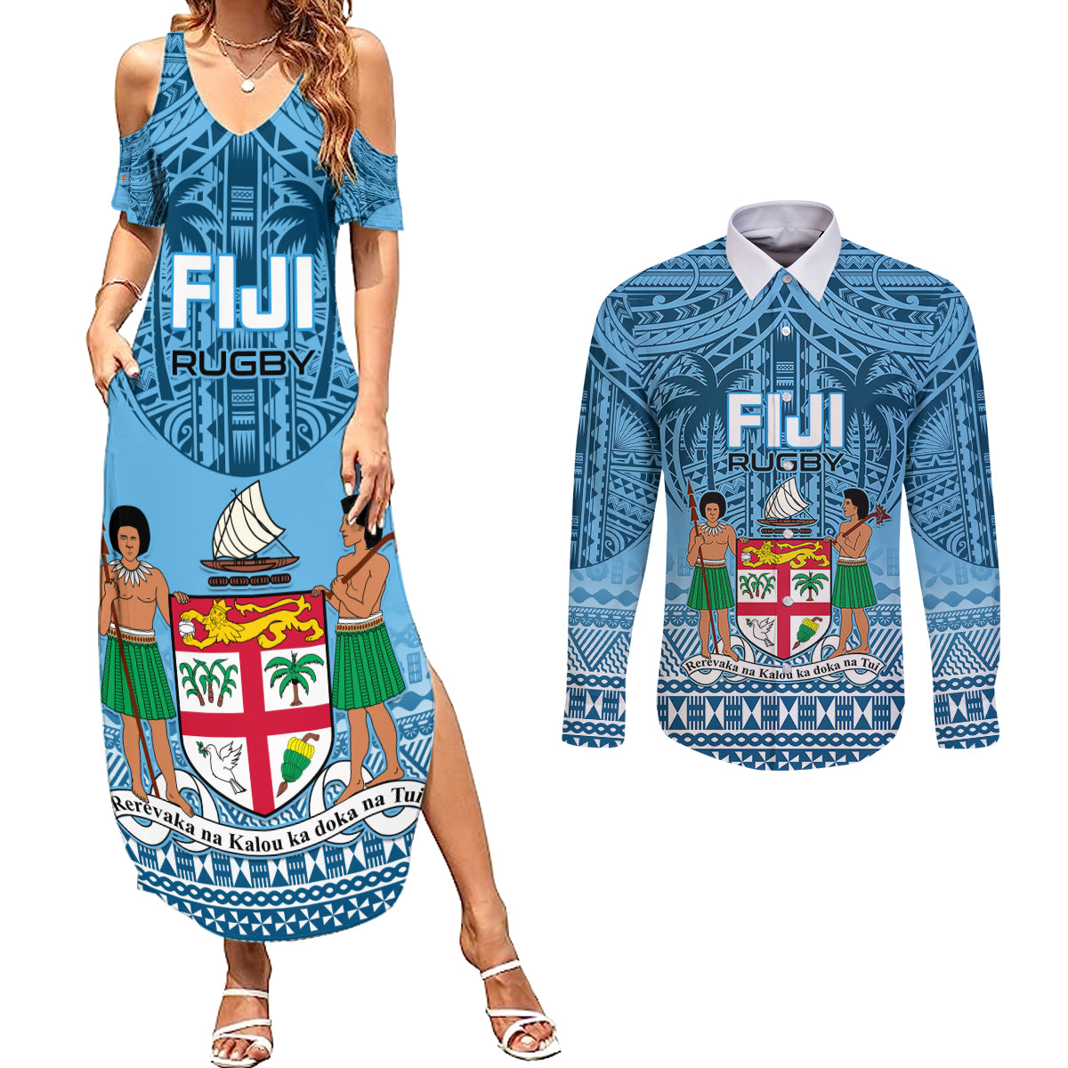 Fiji Rugby Couples Matching Summer Maxi Dress and Long Sleeve Button Shirts Fijian Go 2023 World Cup - Wonder Print Shop