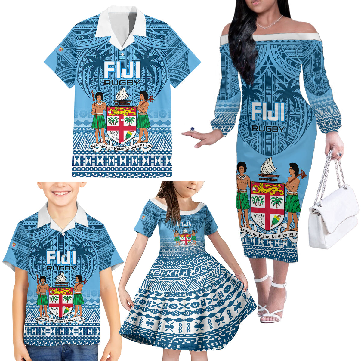 Fiji Rugby Family Matching Off Shoulder Long Sleeve Dress and Hawaiian Shirt Fijian Go 2023 World Cup - Wonder Print Shop