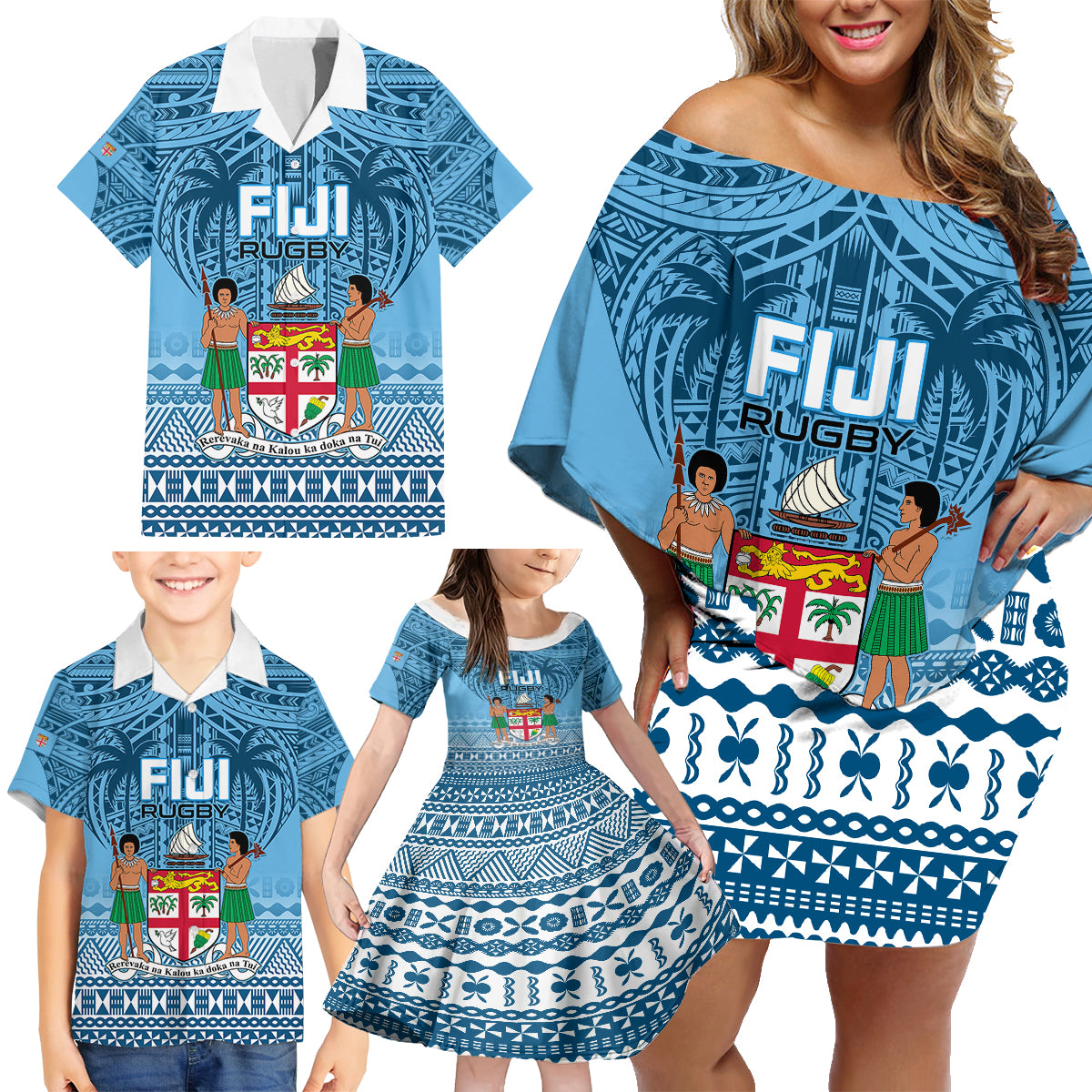 Fiji Rugby Family Matching Off Shoulder Short Dress and Hawaiian Shirt Fijian Go 2023 World Cup - Wonder Print Shop