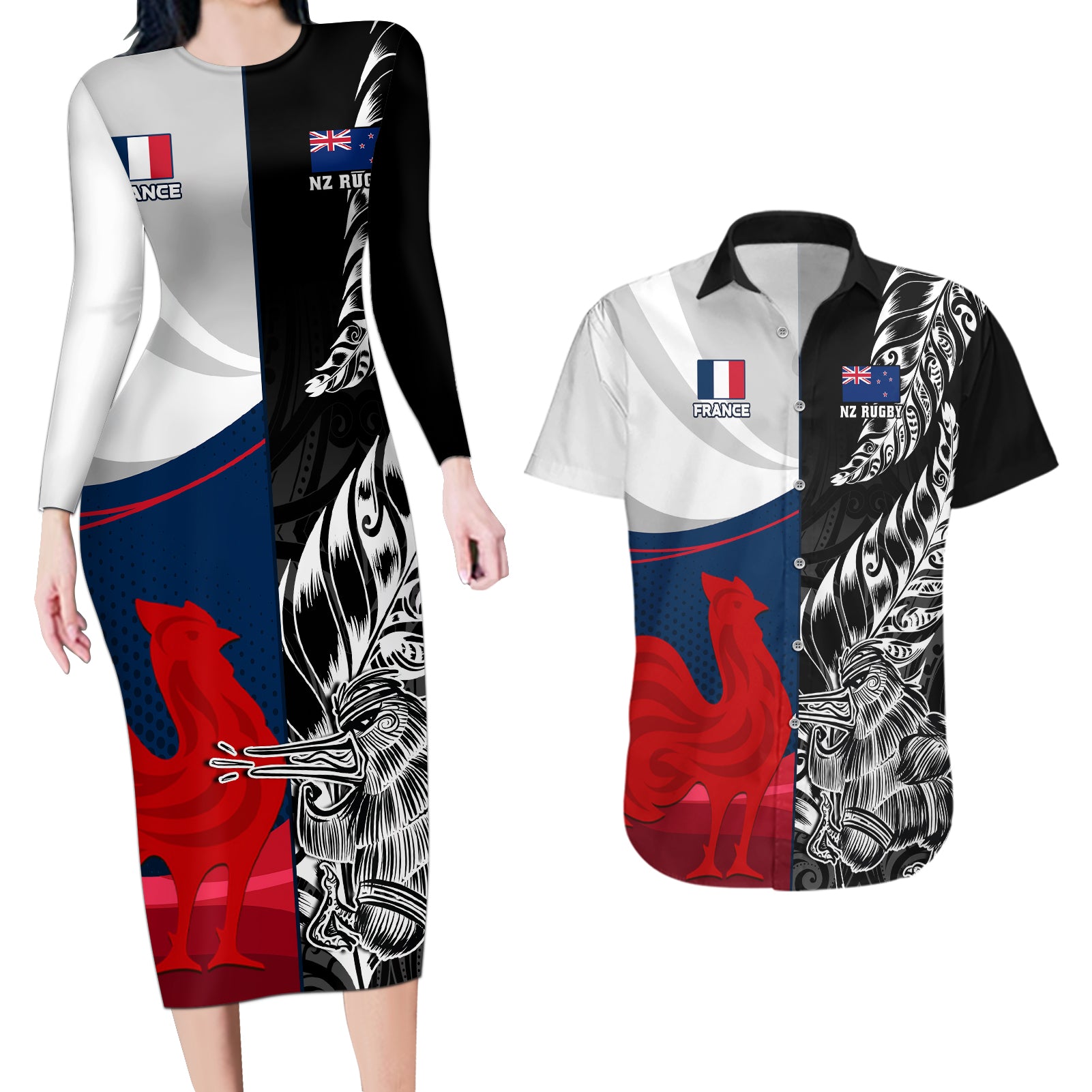 custom-new-zealand-and-france-rugby-couples-matching-long-sleeve-bodycon-dress-and-hawaiian-shirt-xv-de-france-kiwi-silver-fern-2023-world-cup