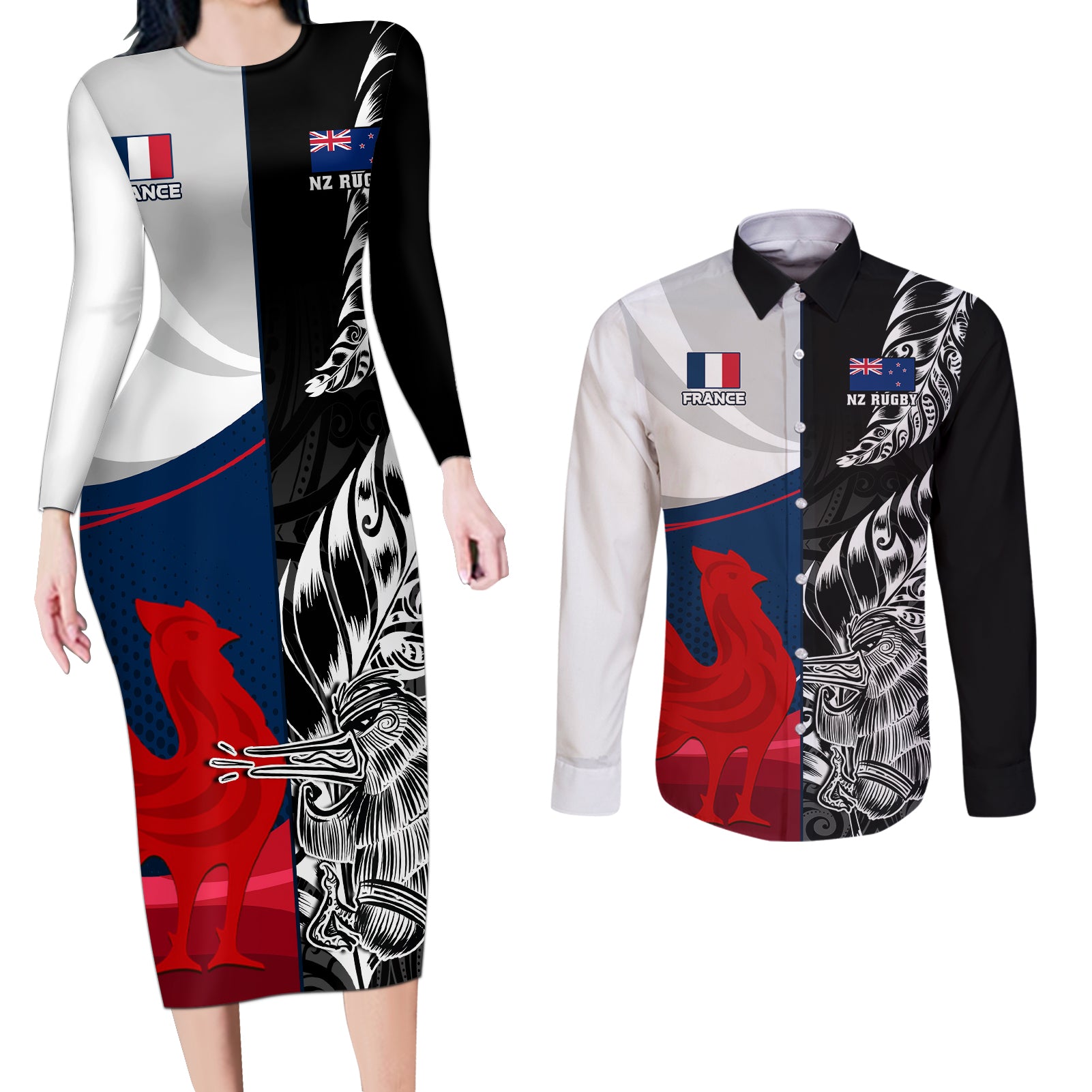 custom-new-zealand-and-france-rugby-couples-matching-long-sleeve-bodycon-dress-and-long-sleeve-button-shirts-xv-de-france-kiwi-silver-fern-2023-world-cup