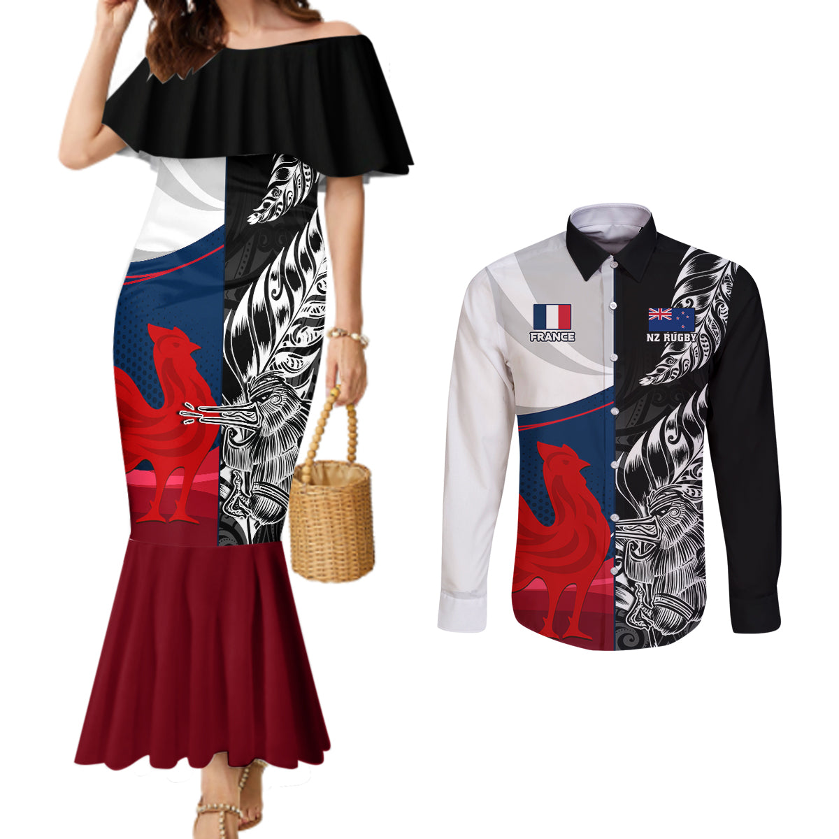 custom-new-zealand-and-france-rugby-couples-matching-mermaid-dress-and-long-sleeve-button-shirts-xv-de-france-kiwi-silver-fern-2023-world-cup