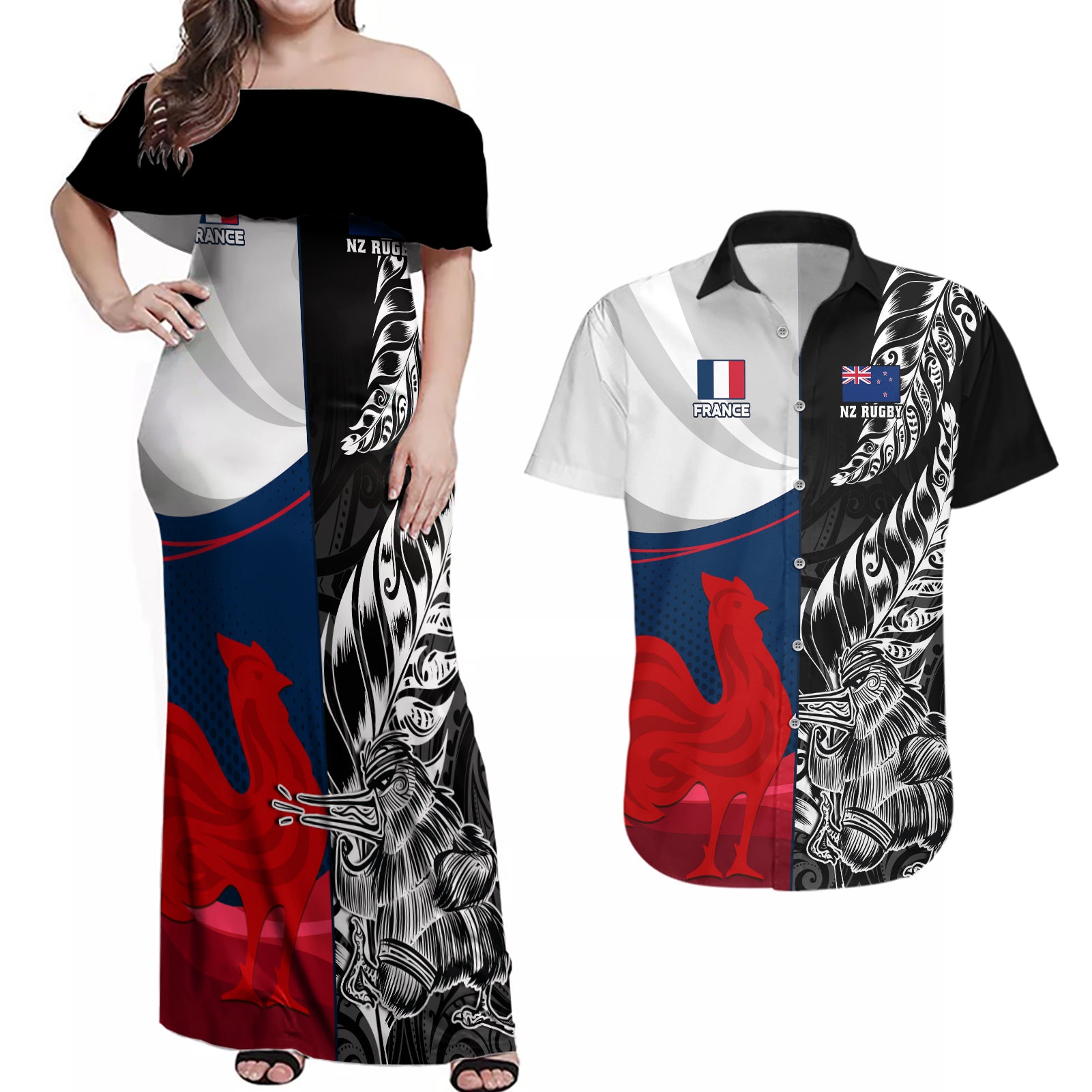 custom-new-zealand-and-france-rugby-couples-matching-off-shoulder-maxi-dress-and-hawaiian-shirt-xv-de-france-kiwi-silver-fern-2023-world-cup