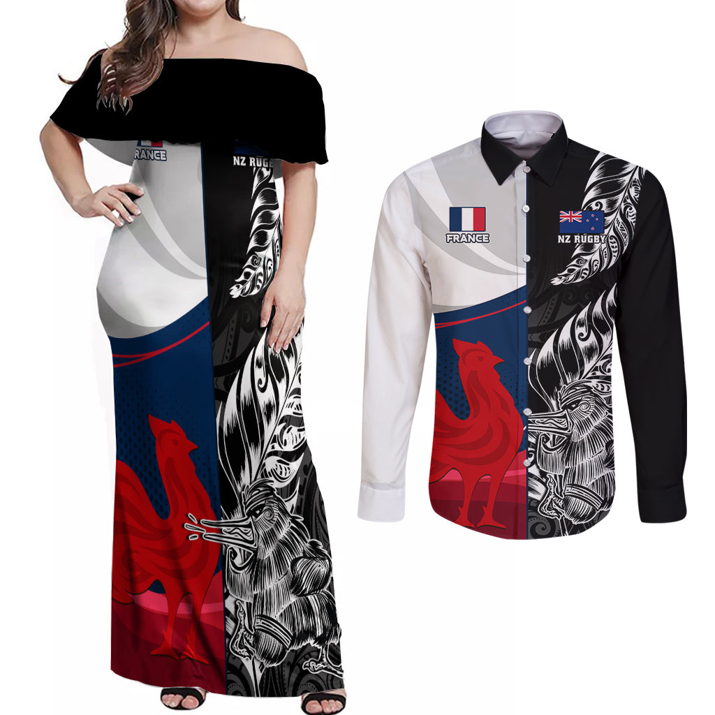 custom-new-zealand-and-france-rugby-couples-matching-off-shoulder-maxi-dress-and-long-sleeve-button-shirts-xv-de-france-kiwi-silver-fern-2023-world-cup