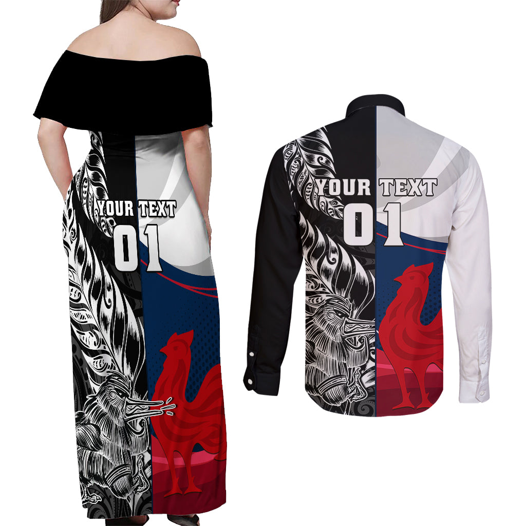 Custom New Zealand And France Rugby Couples Matching Off Shoulder Maxi Dress and Long Sleeve Button Shirts XV de France Kiwi Silver Fern 2023 World Cup - Wonder Print Shop
