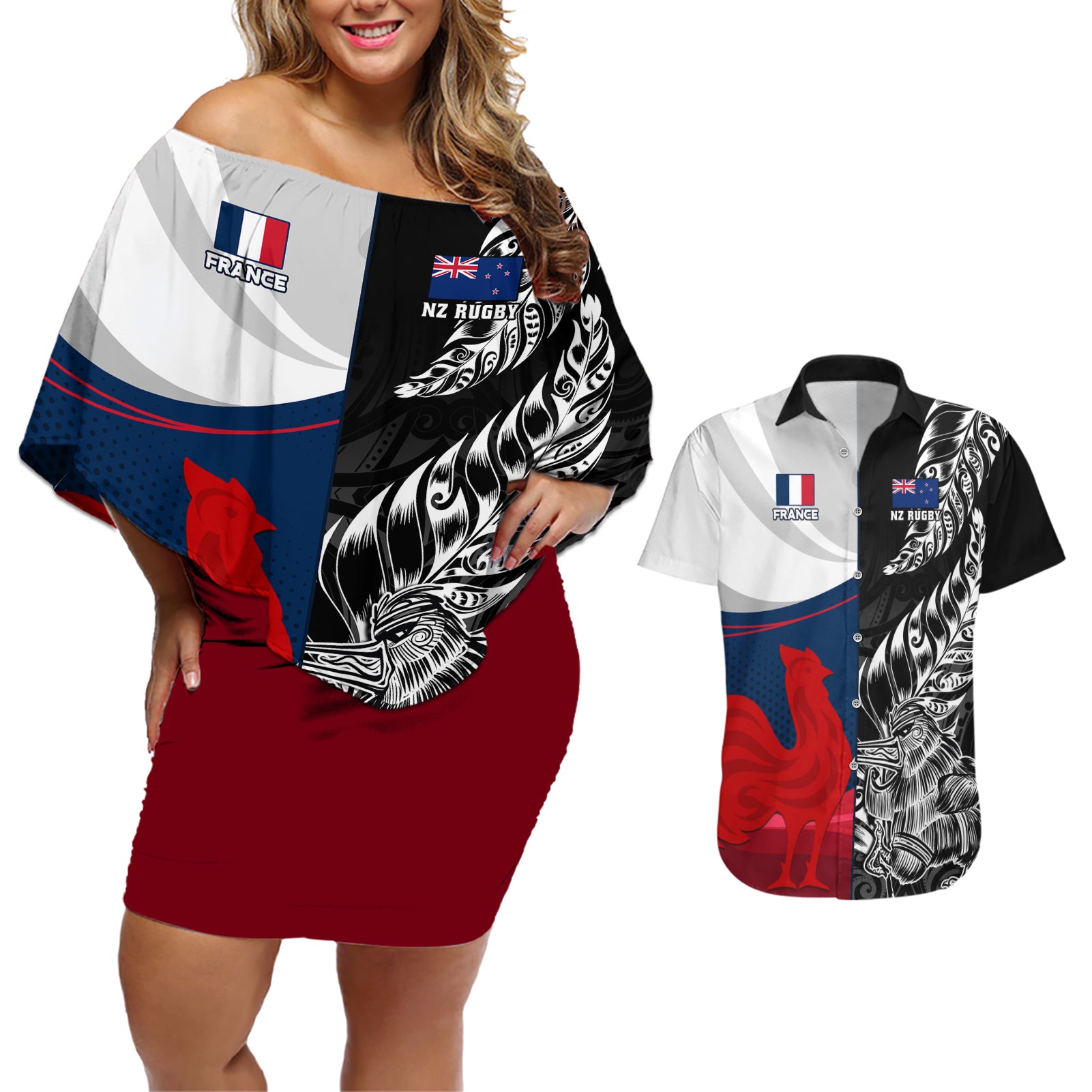 custom-new-zealand-and-france-rugby-couples-matching-off-shoulder-short-dress-and-hawaiian-shirt-xv-de-france-kiwi-silver-fern-2023-world-cup