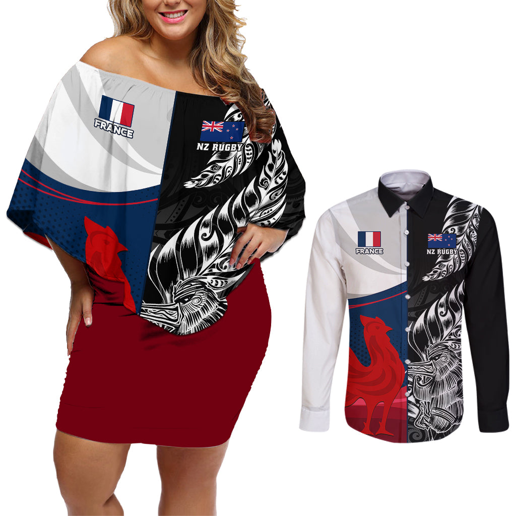 custom-new-zealand-and-france-rugby-couples-matching-off-shoulder-short-dress-and-long-sleeve-button-shirts-xv-de-france-kiwi-silver-fern-2023-world-cup