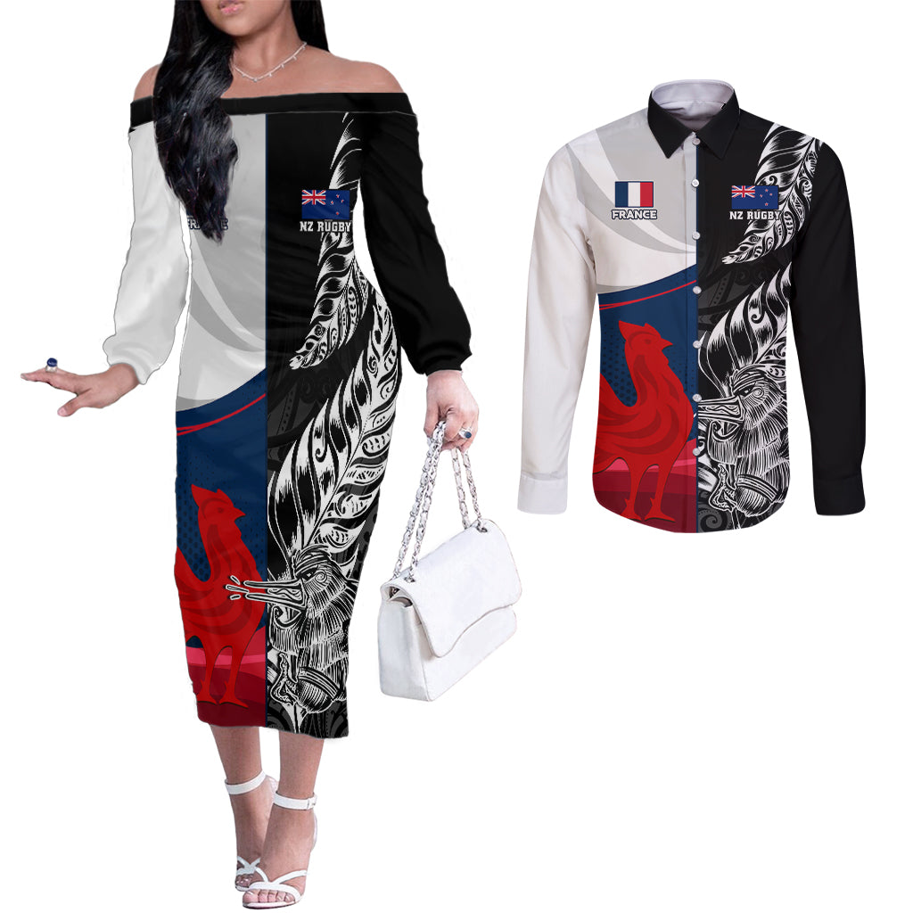 custom-new-zealand-and-france-rugby-couples-matching-off-the-shoulder-long-sleeve-dress-and-long-sleeve-button-shirts-xv-de-france-kiwi-silver-fern-2023-world-cup