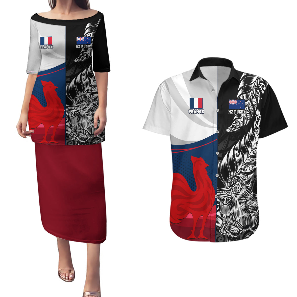 Custom New Zealand And France Rugby Couples Matching Puletasi Dress and Hawaiian Shirt XV de France Kiwi Silver Fern 2023 World Cup - Wonder Print Shop