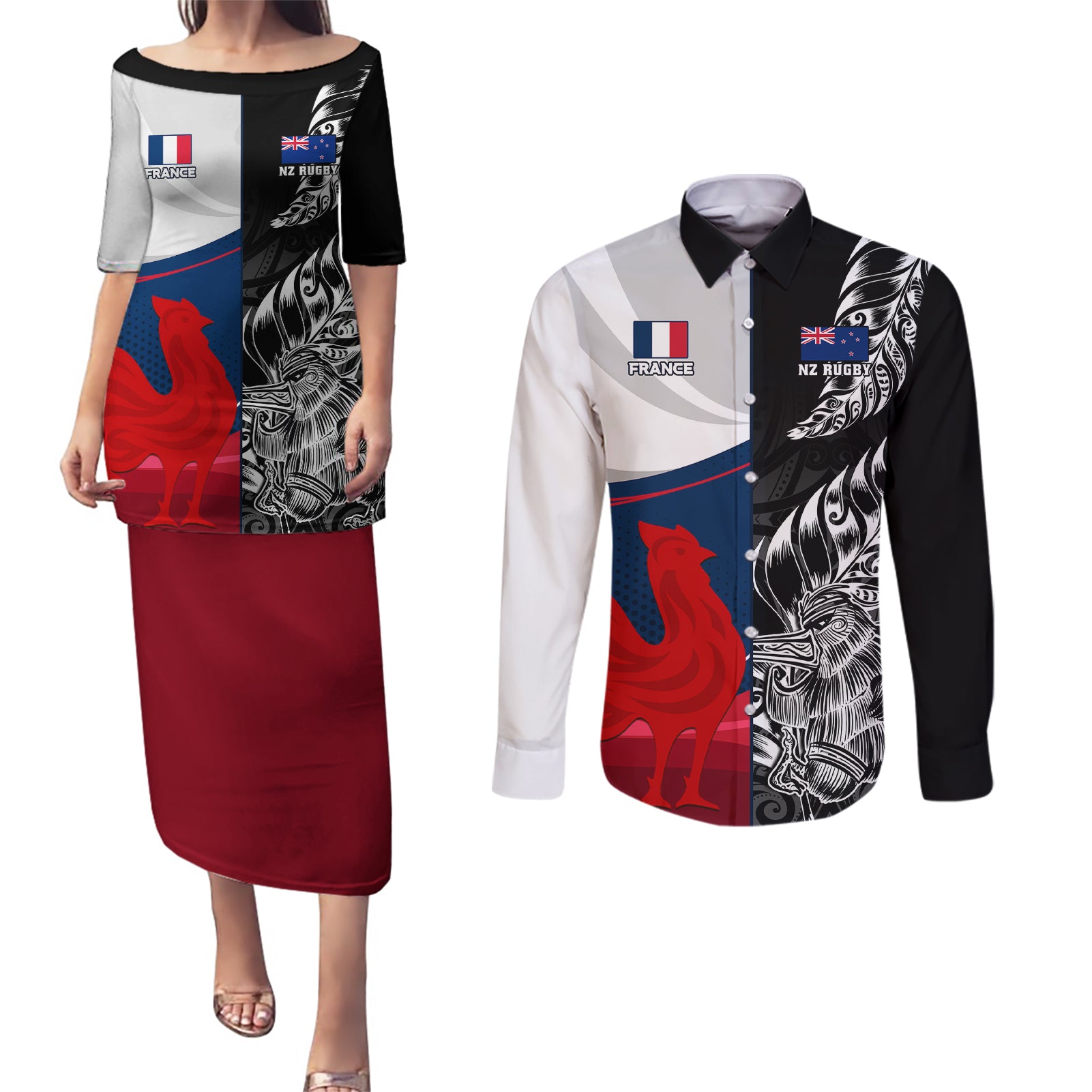 custom-new-zealand-and-france-rugby-couples-matching-puletasi-dress-and-long-sleeve-button-shirts-xv-de-france-kiwi-silver-fern-2023-world-cup