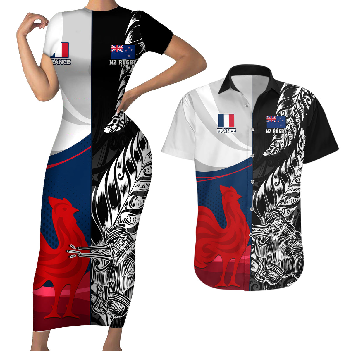 Custom New Zealand And France Rugby Couples Matching Short Sleeve Bodycon Dress and Hawaiian Shirt XV de France Kiwi Silver Fern 2023 World Cup - Wonder Print Shop