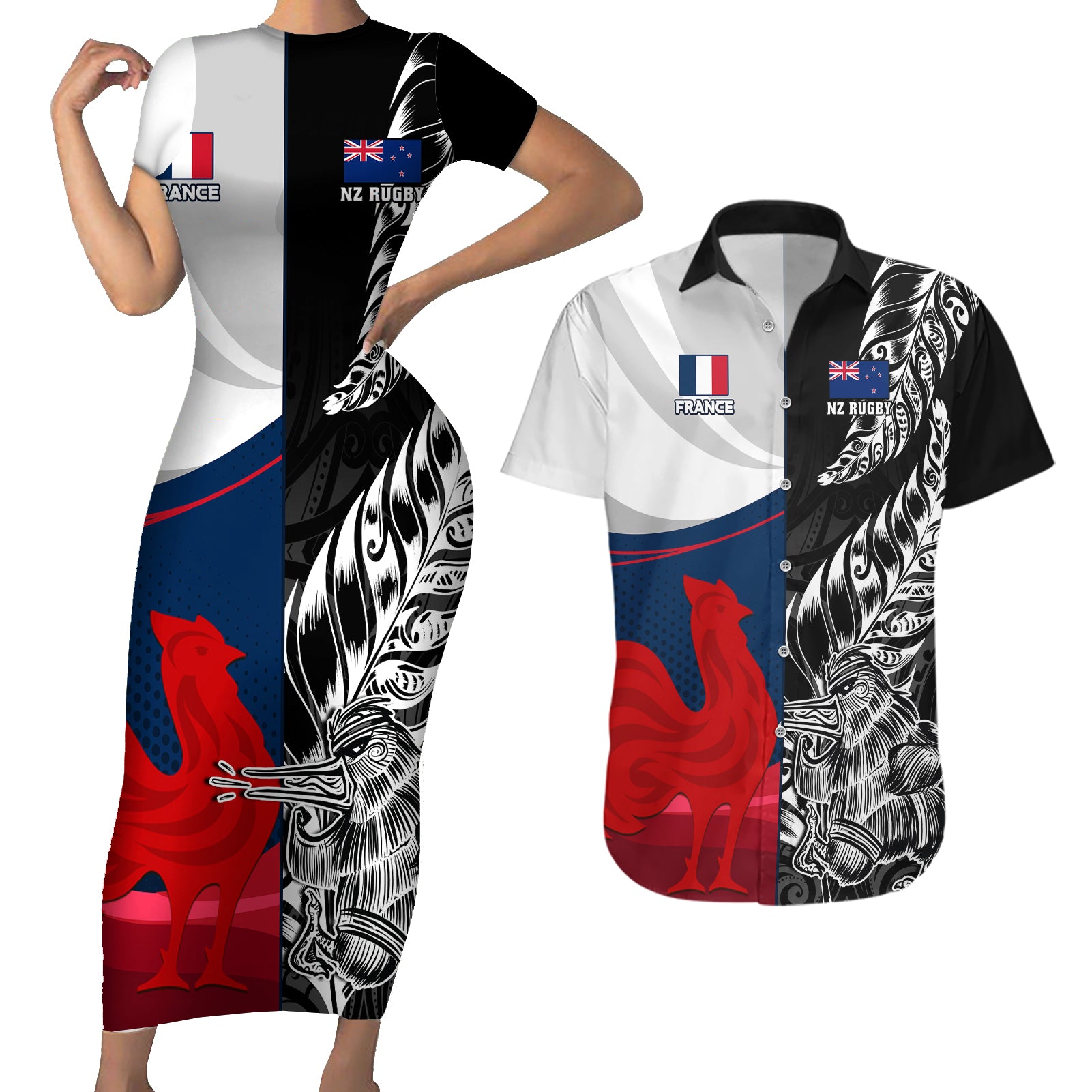 custom-new-zealand-and-france-rugby-couples-matching-short-sleeve-bodycon-dress-and-hawaiian-shirt-xv-de-france-kiwi-silver-fern-2023-world-cup